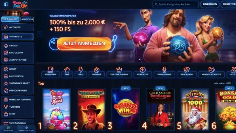 DudeSpin Casino Screenshot der Startseite